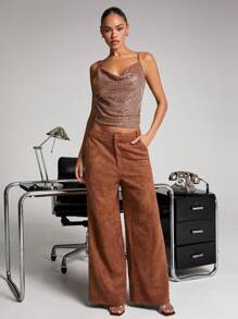 SHEIN Unity Women Solid Color High Waist Pockets Wide Leg Loose Casual Faux Suede Palazzo Pants
