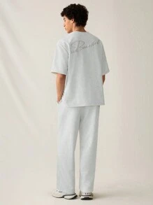 Manfinity RebelGame 2pcs Men's Knit Embroidered Short Sleeve T-Shirt & Elastic Waist Straight Leg Pants Casual Tracksuit Set
