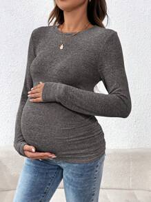 SHEIN Maternity Round Neck Long Sleeve Fitted T-Shirt, Autumn - Dark Grey - View 5