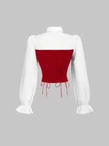 SHEIN MOD Contrast Color Cup Detail Long Sleeve Blouse For Women, With Waist Tied Belt - Red and White - View 2