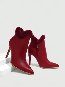 CUCCOO SZL High Heel Ankle Boots, Pointed Toe Stiletto Fluffy Boots, French Nude Booties For And Vibe And Spring Shoes Spring Break Easter - Burgundy - View 5