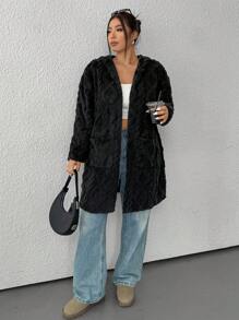 SHEIN EZwear Áo khoác len cardigan dày có mũ trùm đầu cỡ lớn có túi, dành cho mùa thu và mùa đông - màu đen - Xem 4