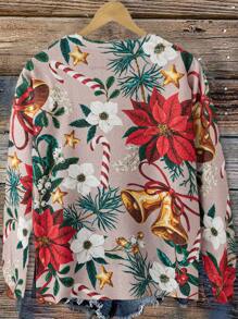 SHEIN LUNE Plus Size Christmas Theme Print Round Neck Casual All-Match Long Sleeve Sweater Pullover Knit Pullover Fall Winter Outfit