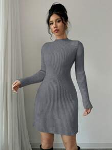 SHEIN Unity 1pc Fitted Rib Knit Sweater Dress Round Neck Fall Winter Cloth For Women - Dark Grey - View 5