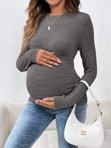 SHEIN Maternity Round Neck Long Sleeve Fitted T-Shirt, Autumn - Dark Grey - View 3
