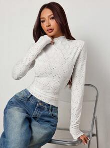 SHEIN EZwear 1 pièce T-shirt basic ajusté à manches longues, col montant, couleur unie, pour femmes