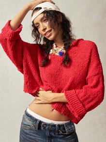 Bohemela Vacation Loose V-Neck Solid Color Dropped Shoulder Long Sleeve Sweater For Women