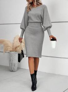 SHEIN LUNE 1pc Women Crew Neck Long Sleeve Minimalist Short Casual Sweater Dress