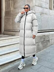 EURMUSE Contrast Zip And Puller Detailed, Keep Warming Feature Long Line Puffer Winter Coat - White - View 3