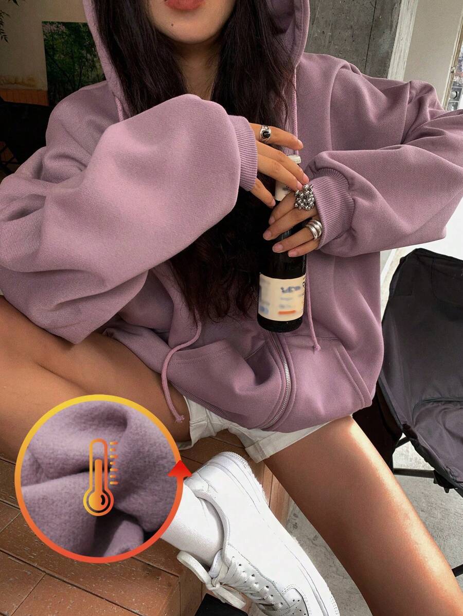 DAZY Women's Solid Color Drop Shoulder Long Sleeve Zip-Up Hooded Casual Fleece Sweatshirt, Fall/Winter Jacket - Dusty Purple - View 1