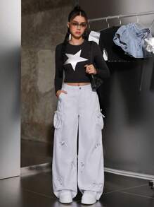 SHEIN Teenager Girls White Denim Loose Wide Leg Pants With Bow - White - View 4