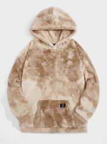 SHEIN 少女连帽运动衫，扎染，双面毛绒，刺绣标志，口袋，休闲宽松 - 卡其色 - 查看 1