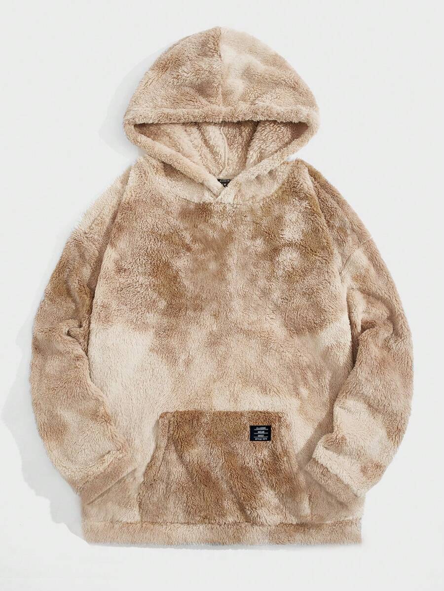 SHEIN 少女连帽运动衫，扎染，双面毛绒，刺绣标志，口袋，休闲宽松 - 卡其色 - 查看 1