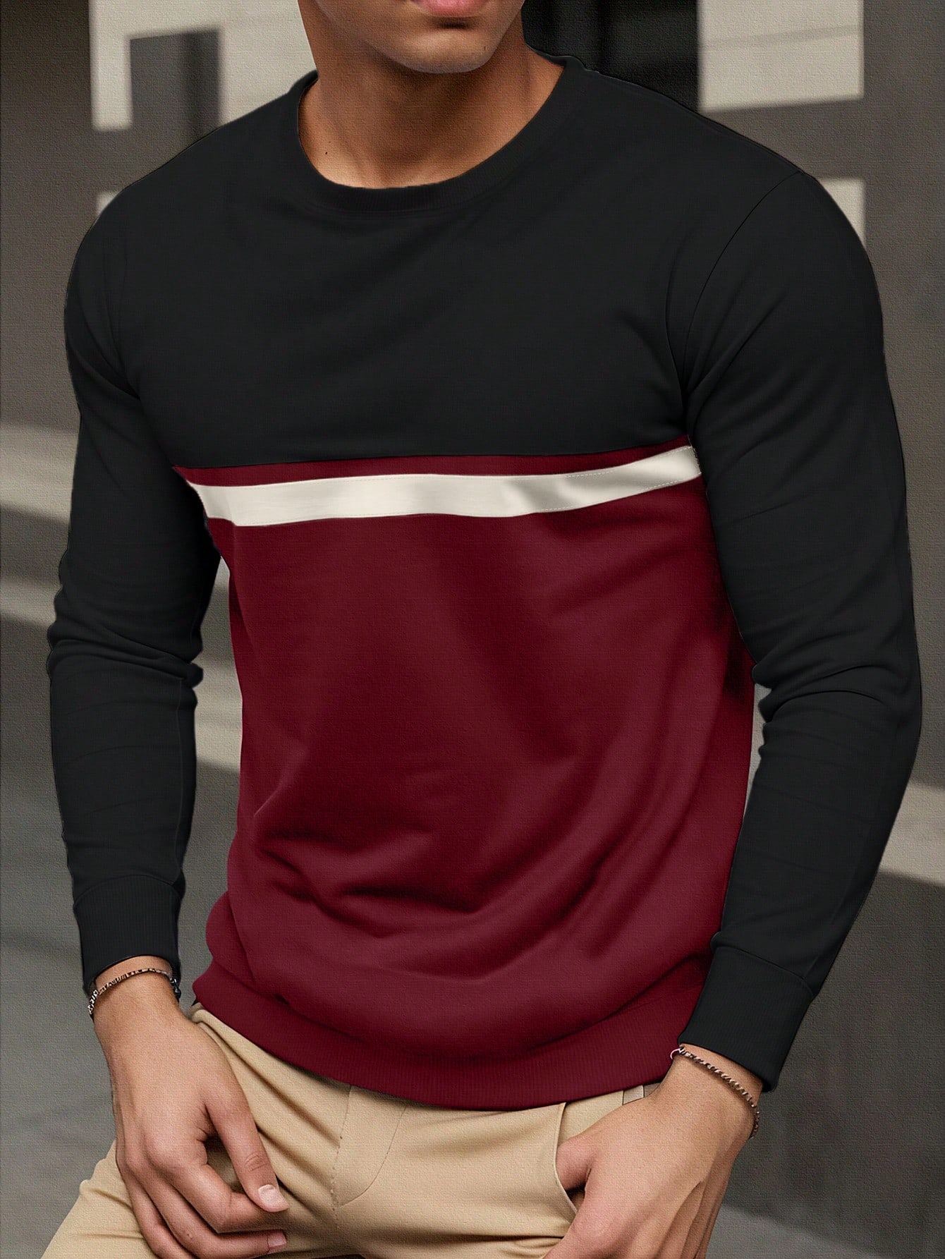 Manfinity Dauomo Men's Solid Color Patchwork Crew Neck Long Sleeve Casual Pullover Sweatshirt