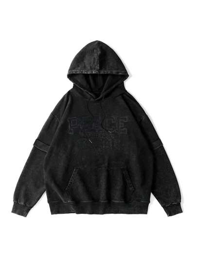 Grunge Punk Men's Casual Letter Printed Loose Drawstring Hoodie Sweatshirt, Autumn Winter