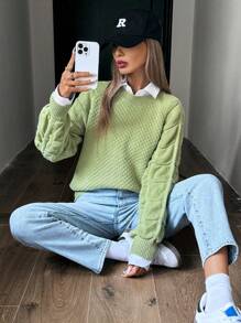 Chiquease 女士纯色宽松圆领插肩袖毛衣 - 綠色 - 查看 1