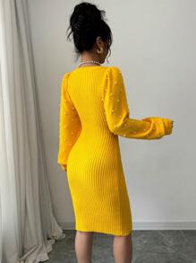 Váy len ôm tay bồng đính ngọc trai dự tiệc dành cho nữ - Màu vàng - Xem 2