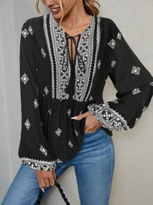 EMERY ROSE Women All-Over Print Casual Vacation Long Sleeve Blouse Peplum Top Fall Cloth For Women - Black - View 1