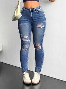 SHEIN EZwear Quần Jeans Skinny Màu Trơn Co Giãn Ôm Sát Cho Nữ - Rửa trung bình - Xem 8