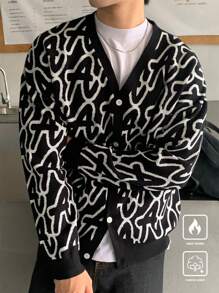 Manfinity Hypemode Chaqueta informal de punto de un solo pecho con gráfico de letra para hombre, otoño/invierno