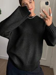 DAZY 女士纯色圆领长袖简约宽松休闲毛衣，秋季服装