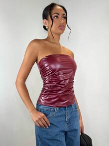 SHEIN BAE Women's Burgundy Solid Color Retro PU Artificial Leather Fashionable High Street And Versatile, Suitable For All Kinds Of Parties, Sexy Off-Shoulder Pleated Pleated Tube Top, Burgundy Top,Winter Women Tops,Christmas Women Clothes,Christmas Top/Angola Top