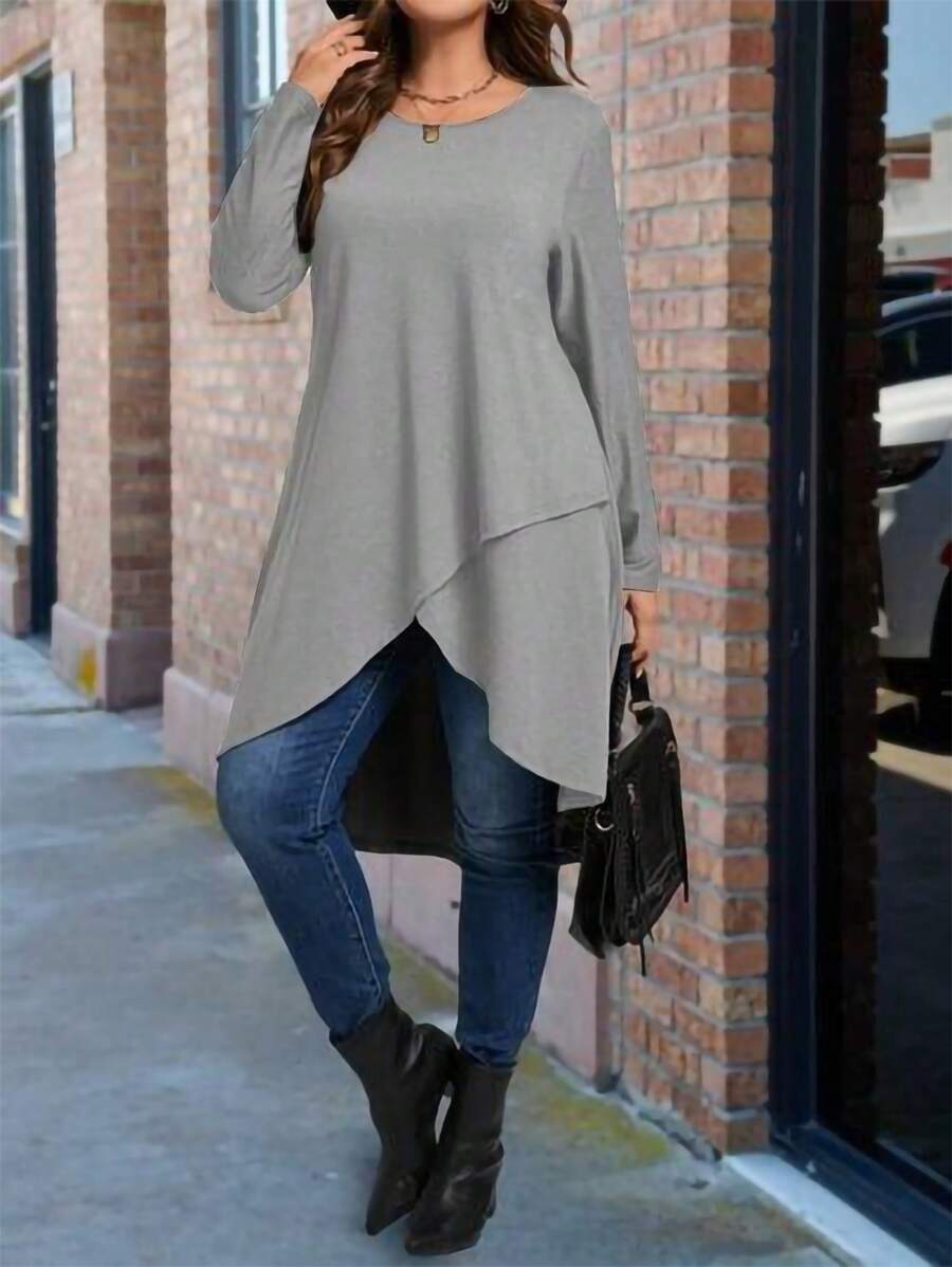 Plus Size Solid Color Long Asymmetrical Hem Crew Neck Long Sleeve T-Shirt