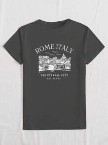 INAWLY Áo thun tay ngắn cổ tròn in hình đường chân trời phong cảnh nước Ý dành cho nữ Áo thun họa tiết dành cho nữ - Xám - Xem 4