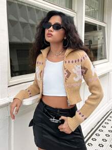 SHEIN Y2K Vintage Jacquard Pattern Contrast Color Dual Zipper Short Knitted Cardigan For Teenage Girls, Autumn/Winter