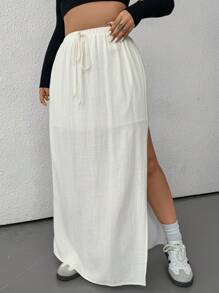 SHEIN EZwear 大码纯色抽绳腰高开叉休闲半身裙 - 白色 - 查看 5