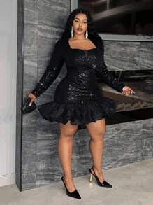 Slaydiva 情人节奢华派对大码女式亮片网眼拼布褶饰美人鱼连衣裙 - 黑色 - 查看 3