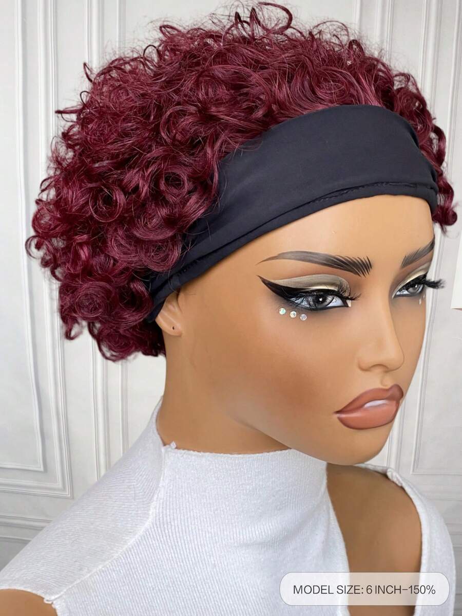 6 Inch 99J Short Curly Headband Wig For Women 100 Remy Human Hair