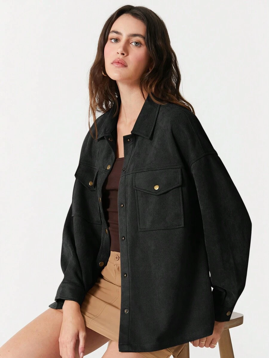 Muchica Women Vintage Casual Faux Suede Black Loose Jacket Shirt Style For Autumn/Winter - Black - View 1