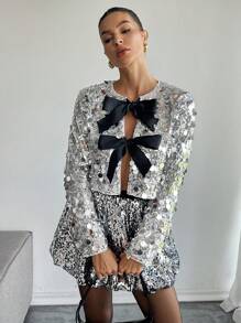 SHEIN Essnce Women's Autumn Short Sequin Bow Decorated Regular Jacket,Christmas Party,New Year Eve ,Silver Jacket,Sequin Jacket, - Silver - View 1