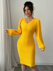 Váy len ôm tay bồng đính ngọc trai dự tiệc dành cho nữ - Màu vàng - Xem 7