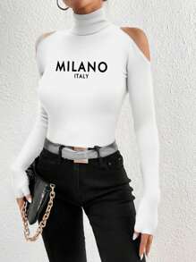 SHEIN Essnce 1 chiếc áo thun nữ cổ cao hở vai in khẩu hiệu tay dài ôm vừa vặn, ấm áp cho mùa xuân và mùa thu - trắng - Xem 1