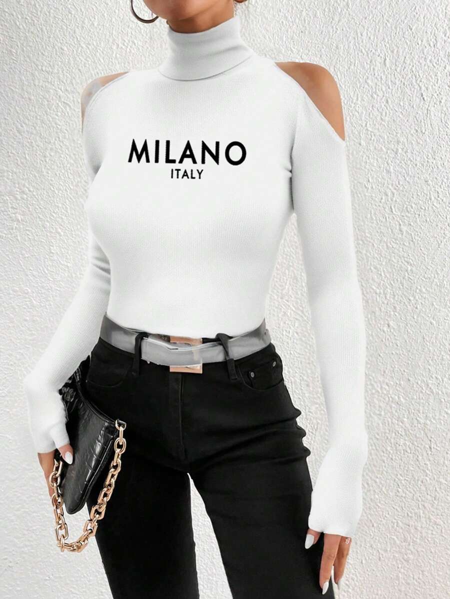 SHEIN Essnce 1 chiếc áo thun nữ cổ cao hở vai in khẩu hiệu tay dài ôm vừa vặn, ấm áp cho mùa xuân và mùa thu - trắng - Xem 1