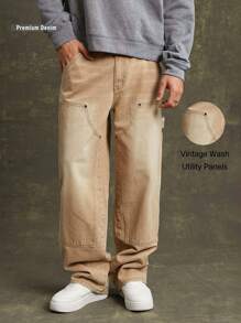 Men Premium Cotton Denim Straight Leg Utility Jeans - Camel - View 9