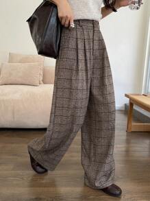 DAZY 格子阔腿宽松裤，带口袋，女士休闲商务裤 - 棕色 - 查看 1