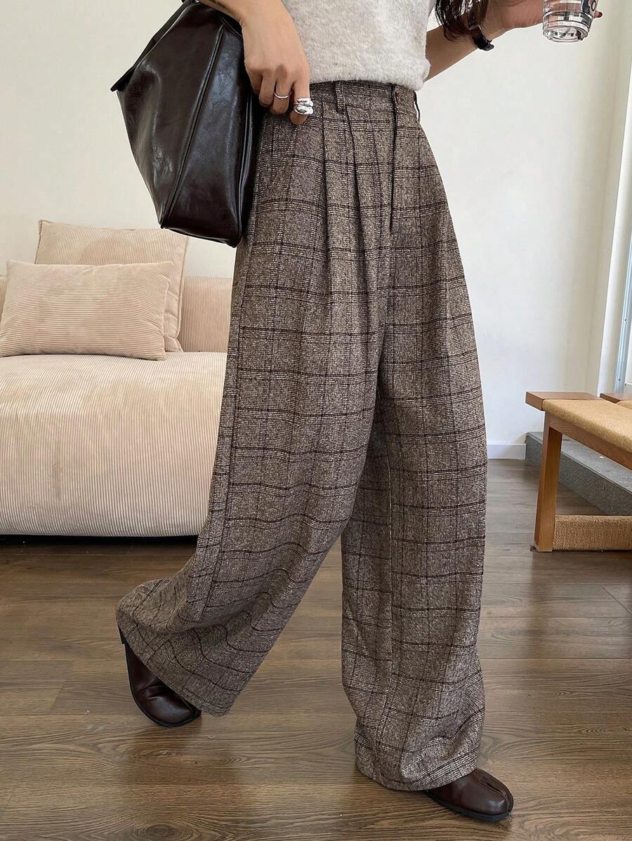 DAZY 格子阔腿宽松裤，带口袋，女士休闲商务裤 - 棕色 - 查看 1