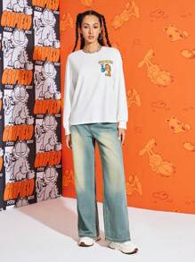 GARFIELD | SHEIN 女士休闲卡通字母印花落肩宽松白色长袖 T 恤，春秋 - 白色 - 查看 6