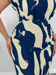 Elenzga Plus Size Women Stand Collar Tight Fitting Elastic Blue & White Print Waist Ruched Slim Fit Short Sleeve Dress, Autumn Maxi Women Outfit, For Summer