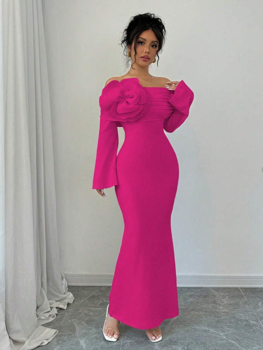 Rafferiza 1 pieza Vestido maxi elegante para mujer con manga de campana, hombros descubiertos, decoración floral y silueta ajustada tipo sirena, ropa de otoño - Rosa Fucsia - Ver 1