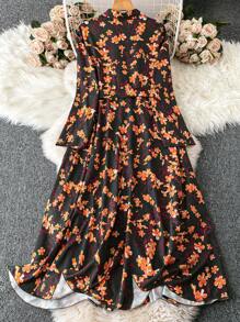 SHEIN Clasi 大码女式编织印花系腰蝴蝶结装饰修腰长袖超长优雅圣诞节和万圣节派对连衣裙，秋冬 - 彩色 - 查看 2