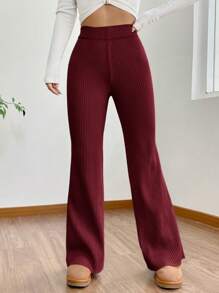 SHEIN EZwear Quần len ống loe cạp cao màu trơn cỡ lớn cho nữ, mùa thu/đông - Màu Đỏ Sâu - Xem 3