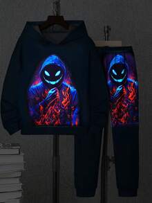 2pcs/Set Boys Neon Glow In Dark Skull Pattern Hoodie And Sweatpants Set, Street Style Halloween Outfit - Multicolor - View 4