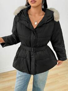 SHEIN EZwear Plus Size Women Winter Waisted  Fluffy Hooded Down& FeathersJacket - Black - View 1