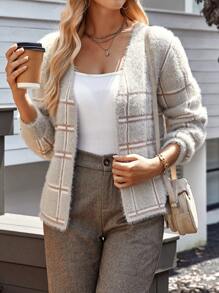 EMERY ROSE Áo len cardigan dệt kim kẻ caro giả lông chồn cho nữ - Nhiều màu - Xem 1