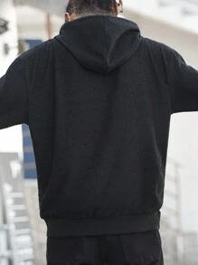 Manfinity Roghcode Young Men's Street-Style Black Distressed Frayed Texture INS Rock Hooded Hoodie ,Rapper Hoodie - Black - View 2