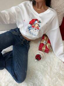 Chiquease 圣诞老人图案宽松短款V领时尚休闲女式卫衣，适合秋冬季套头衫 - 白色 - 查看 3